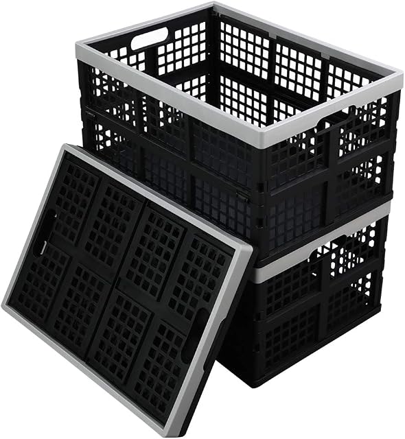 Zerdyne Set of 4 Plastic Collapsible Storage Crates, 40 L Large Stackable Folding Storage Basket