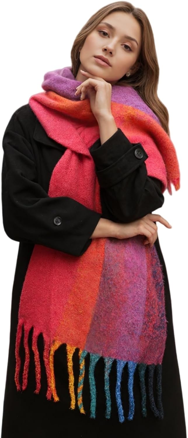 Womens Winter Scarf,Colorful Plaid Long Shawl Large Scarves Cashmere Feel Cold Weather Thick Blanket Scarfs