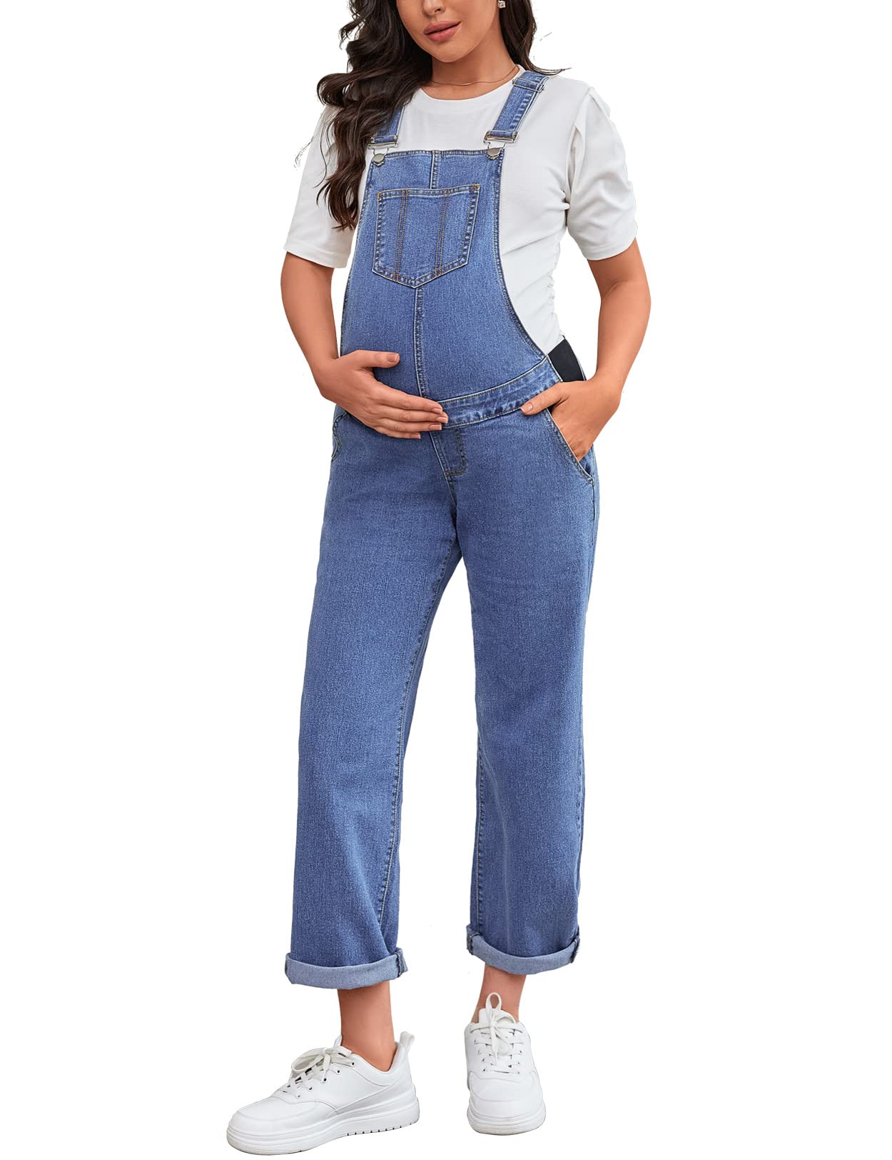 Salopette premaman con bretelle gamba dritta lunghezza alla caviglia tuta in denim premaman per donna incinta