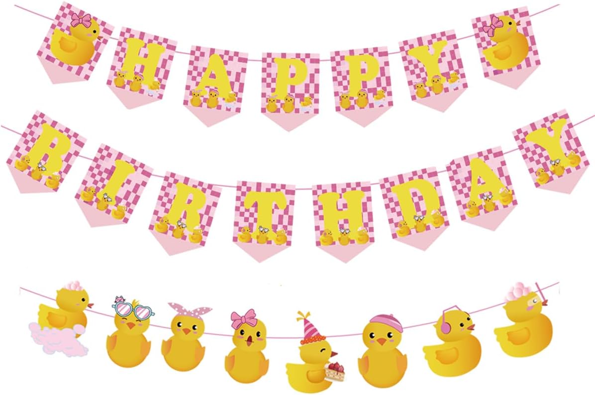 3Pcs Pink Duck Birthday Party Decorations Yellow Happy Banner For Girls Baby Shower Gender Reveal Supplies Themed