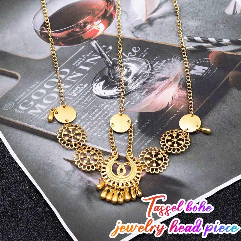 Fashband Boho Head Chain Gold Vintage Headpiece Water Drop Tassel Hair Accessories Festival Headband for Women(A) - Image 2