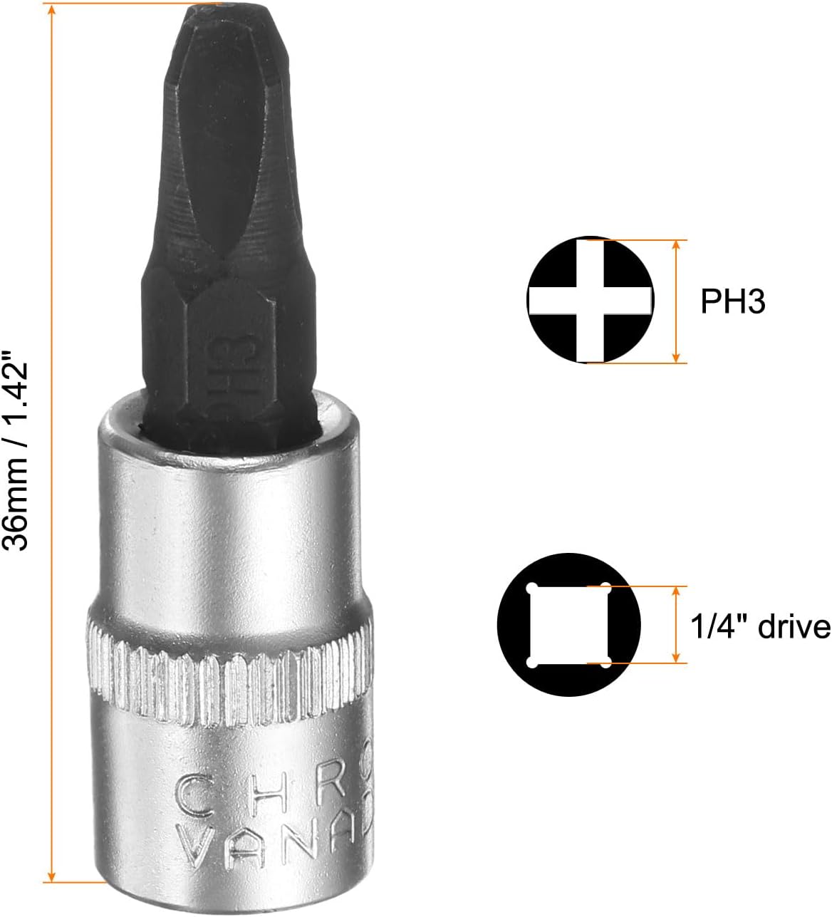HARFINGTON 7pcs PH3 Phillips Bit Socket 1/4" Square Drive Cross Head Extension Impact Bit Power Nut Driver Set S2 & CR-V Steel Socket Ratchet Wrench Bits, Silver Black