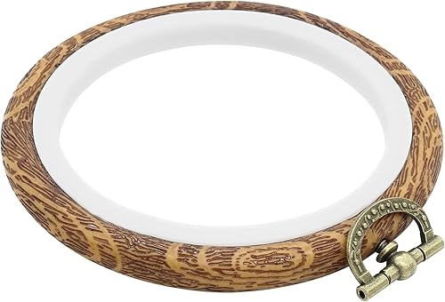 Miniatura 5 de Kyuionty Paquete de 3 aros redondos de bordado de 4 pulgadas, marco de exhibición de madera imitada, anillo de aro para manualidades, costura y