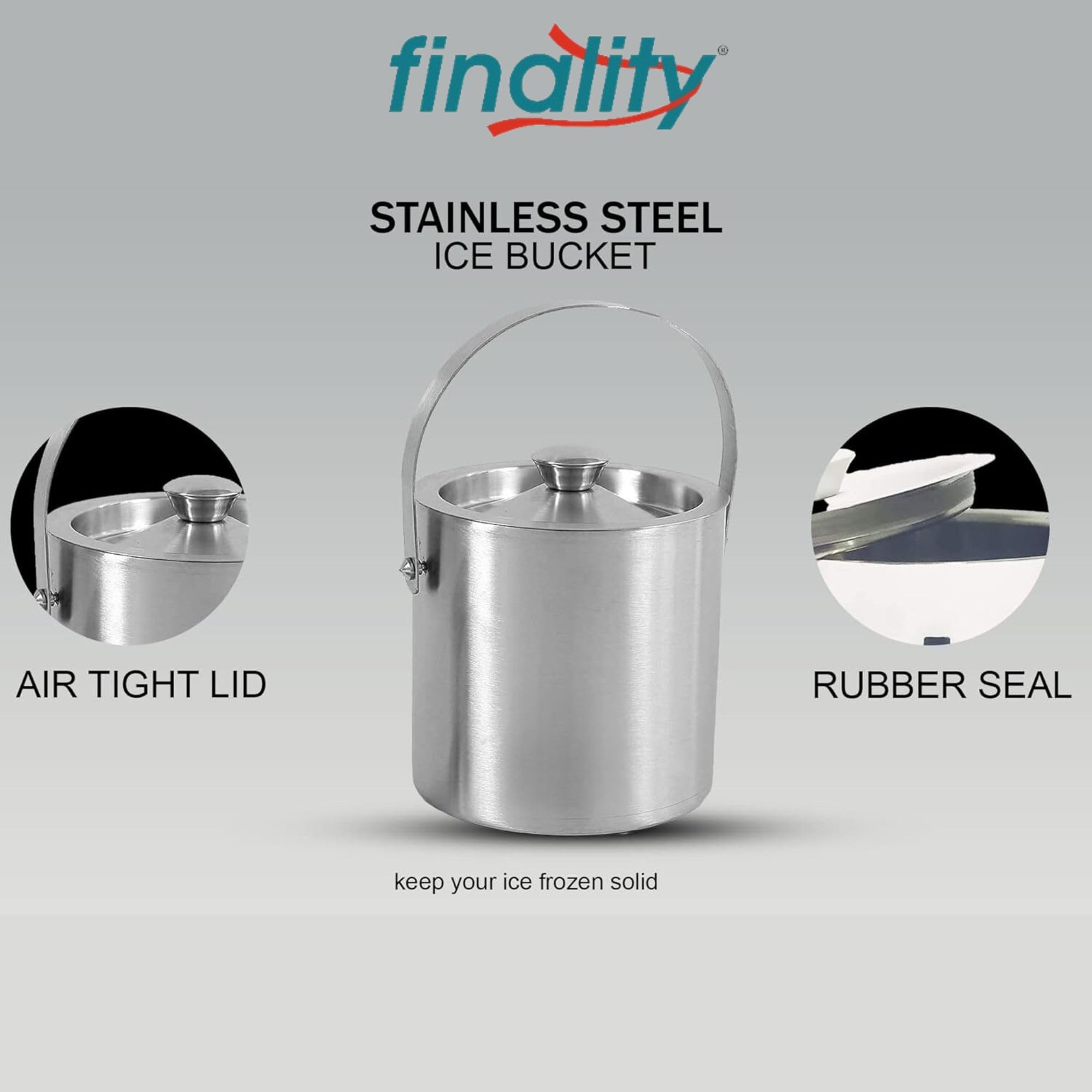 finality Stainless Steel Double Walled Insulated Ice Bucket with Lid with Tong and V Peg Measure, 1 Liter - Image 3 thumbnail