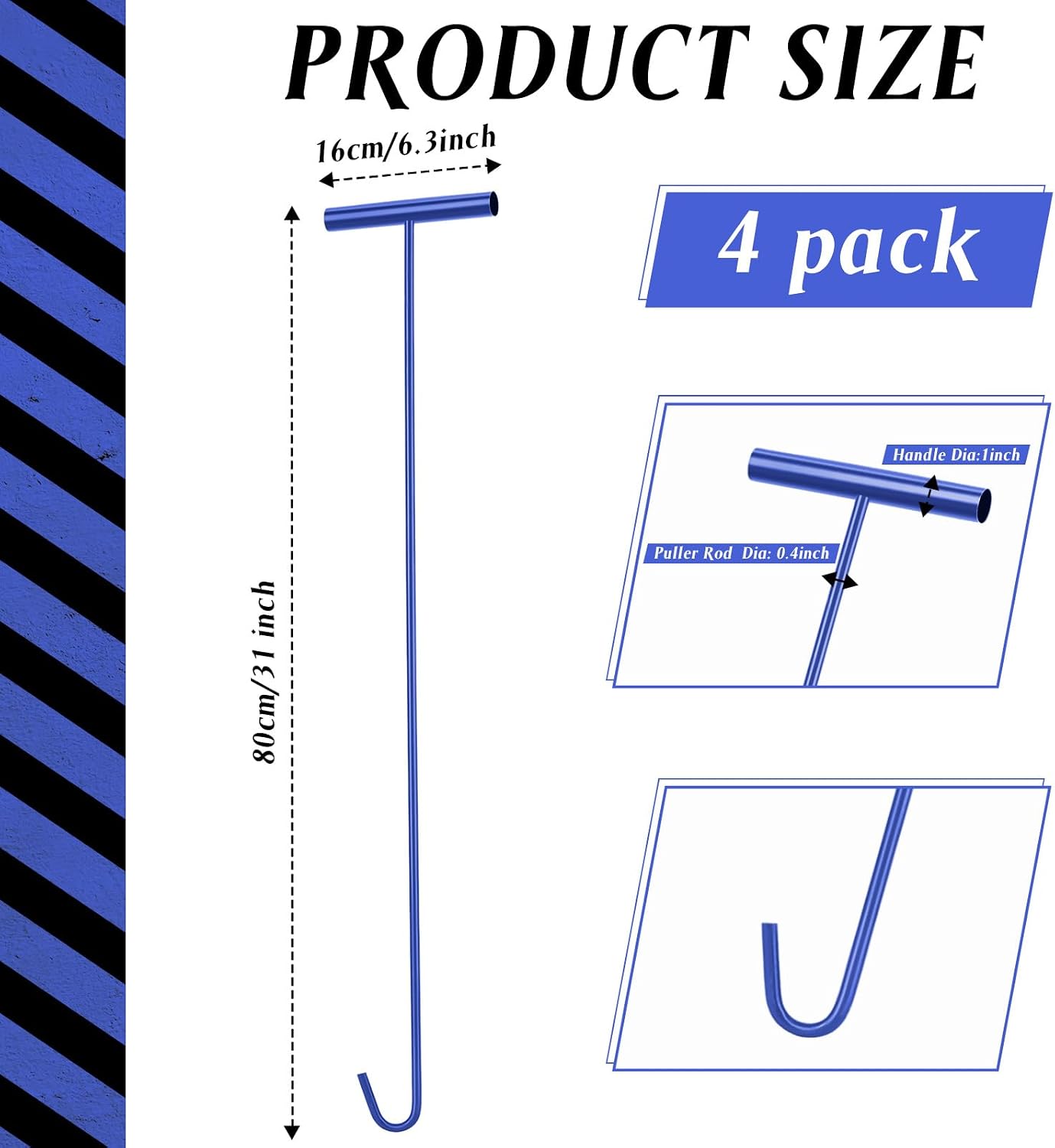 Zonon 4 Pack 31" Blue Fifth Wheel Puller 5th Wheel Pin Puller for Semi Truck Cotter Spring Pulling Tool Solid Steel Dock Hooks Portable Type Lifting J Hook for Pulling Storm Drain Manhole Covers