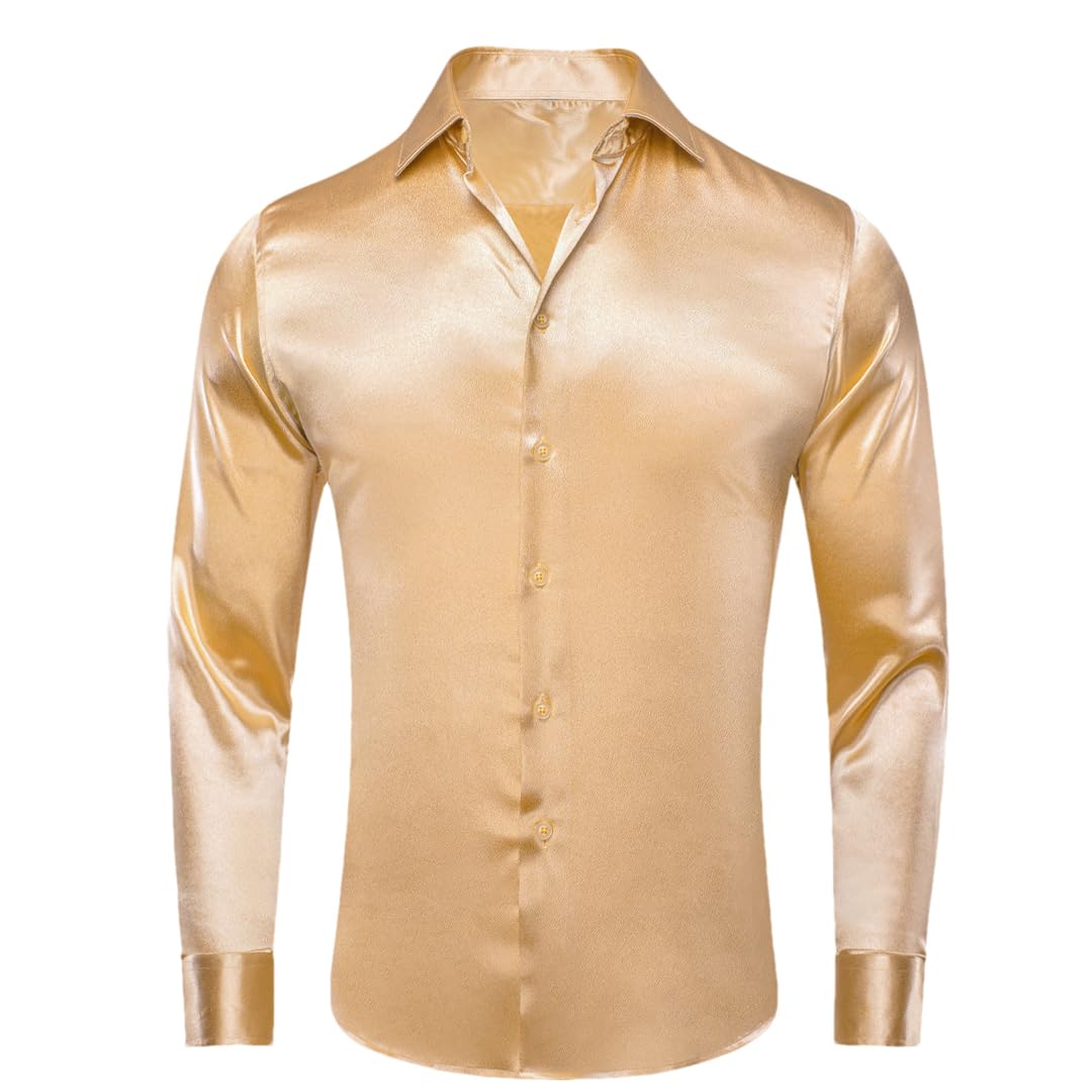 Fnfmrfmr Men Solid Satin Shirt Long Sleeve Lapel Single Breasted Business Party Casual Shirts