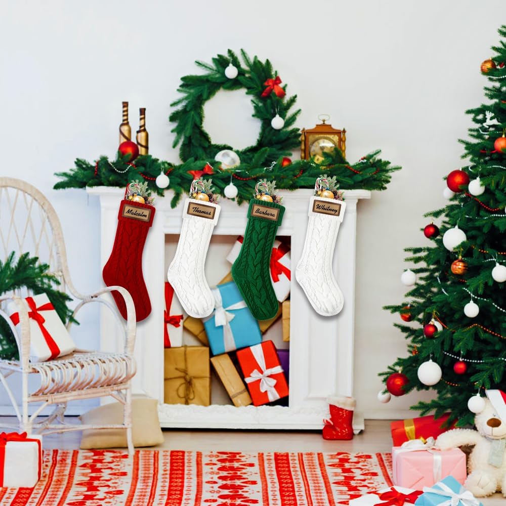 4Pack Christmas Stocking with Leather Patches,18” Personalized Hanging Large Cable Knitted Custom Name Xmas Red Green White Stockings for Christmas Family Party Fireplace Decor - Image 4