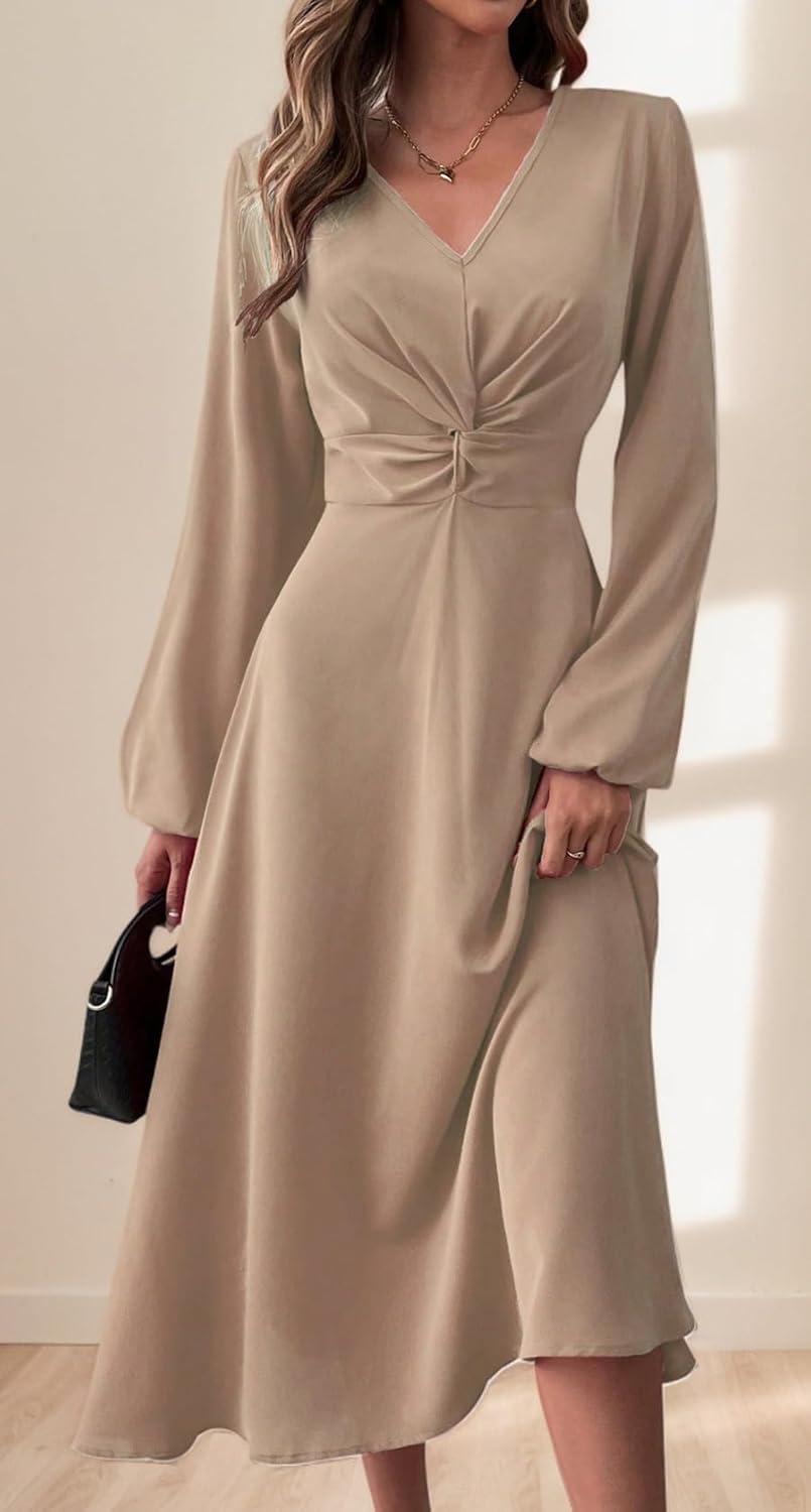 LalaLin Women's Long Sleeve Maxi Dress V-Neck Wedding Guest Cocktail Church Dresses Khaki - Image 3