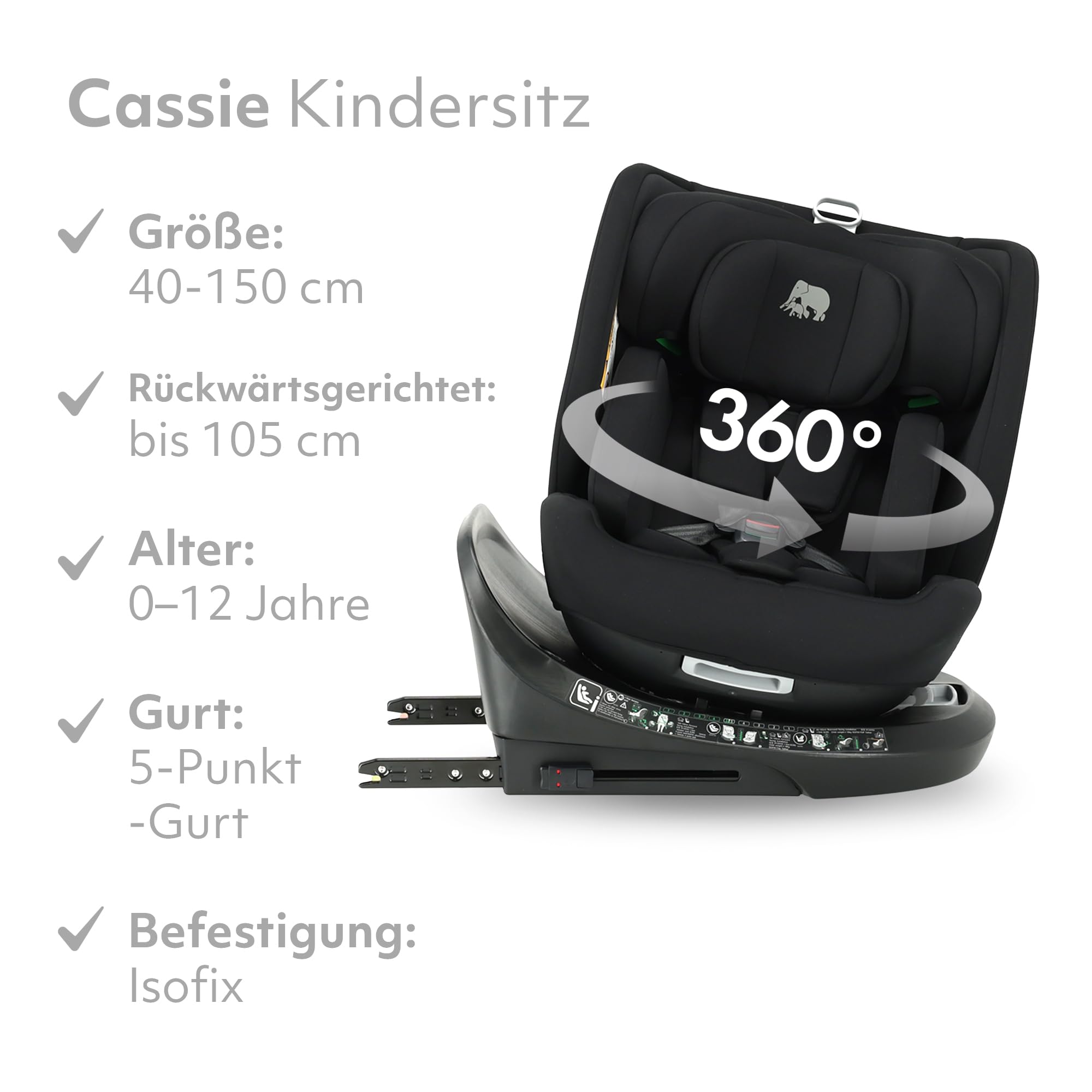 Deryan Cassie i-Size Kindersitz 40-150 cm - Gruppe 0+/1/2/3, Drehbarer Autositz 360°, 0-12 Jahre (0-36 kg), Isofix, Gurtbefestigung, Seitenaufprallschutz, Verstellbare Kopfstütze (Schwarz)