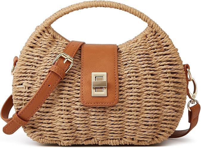 Handmade Straw Woven Bag Beach Clutch Purses for Women,Vacation Shell Shoulder Crossbody,Summer Dumpling Handbag Basket Tote,Lightweight & Stylish Summer Accessory,Eco-Friendly & Versatile (Natural)