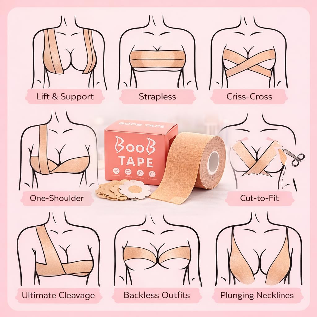 Boobytape - Invisible Breast Lift Tape, Strong Hold Push-Up Tape for Backless Strapless Dresses, Waterproof Body Tape for Women (Nude, 1 Roll)