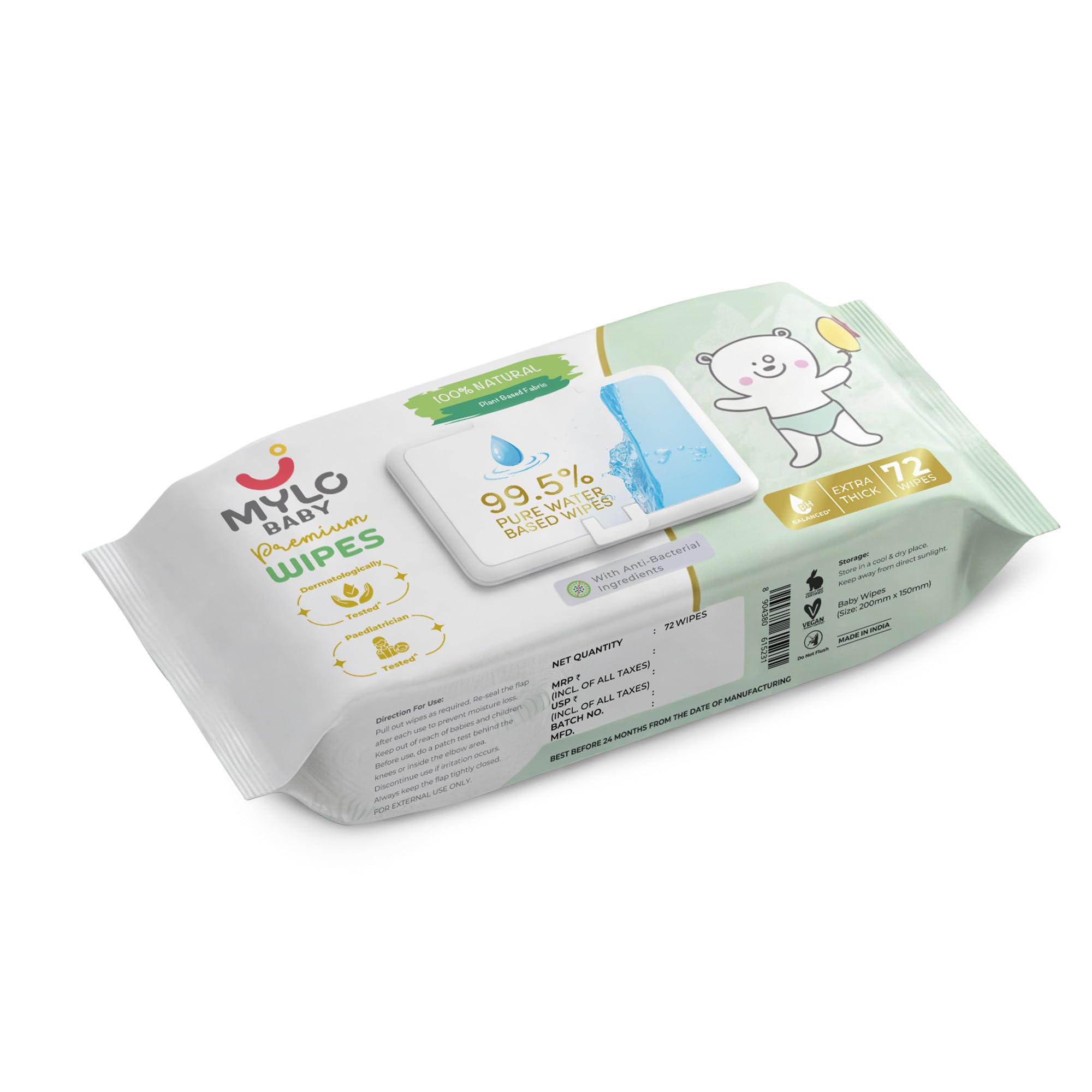 Mylo Baby 99.5% Pure Water Based Wipes, 4x Thicker Cotton Fabric, Unscented with 30% Extra Hydration, 72 wipes Each - Pack of 1-image-14