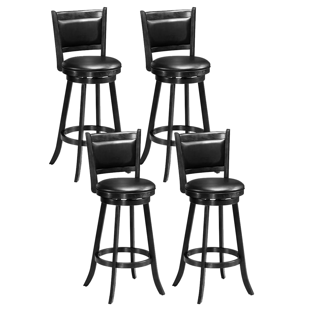 ERGOMASTER 29” Swivel Bar Stools with Back, Rubber Wood, Black, Set of 4