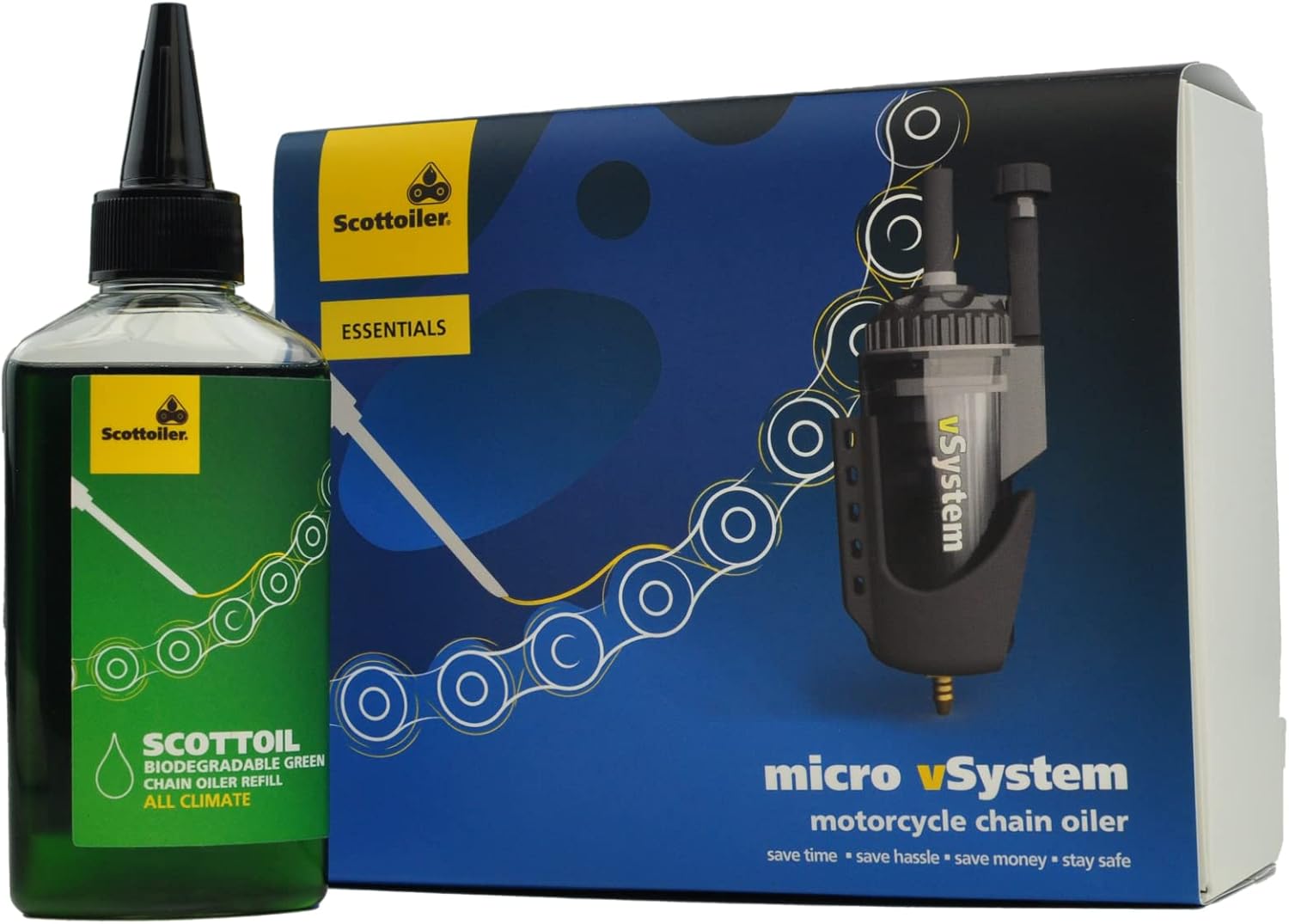 Scottoiler Essentials - Micro-vSystem - Automatic Motorcycle Chain Oiler and 4.2 US fl.oz. All Climate Biodegradable Green Scottoil Refill - Starter Kit Bundle