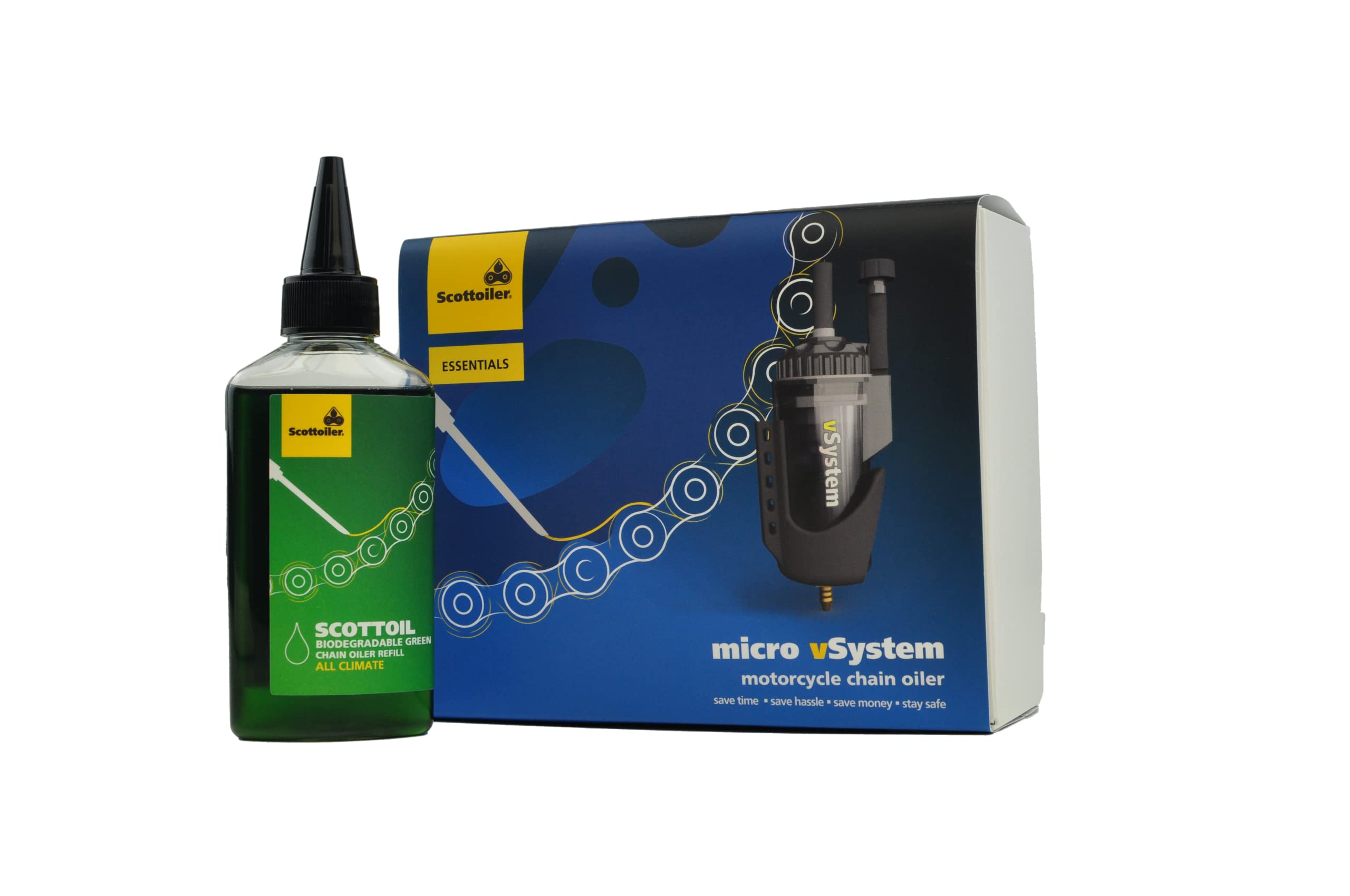 Scottoiler Essentials - Micro-vSystem - Lubricador Automático de Cadena de Motocicleta y Recarga de 125ml de Scottoil Verde Biodegradable All Climate - Bundle Kit de Inicio