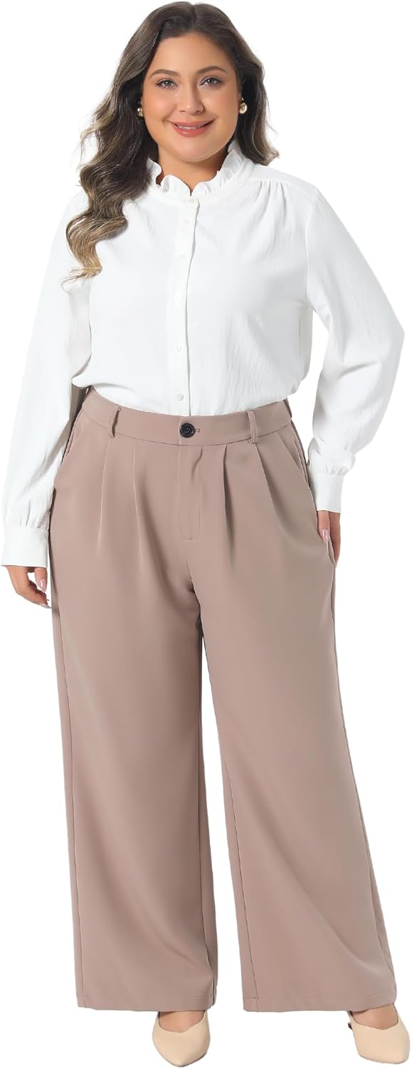 Agnes Orinda Plus Size Pants for Women High Elastic Waisted Business Work Trousers Long Straight Suit Pants with Pockets