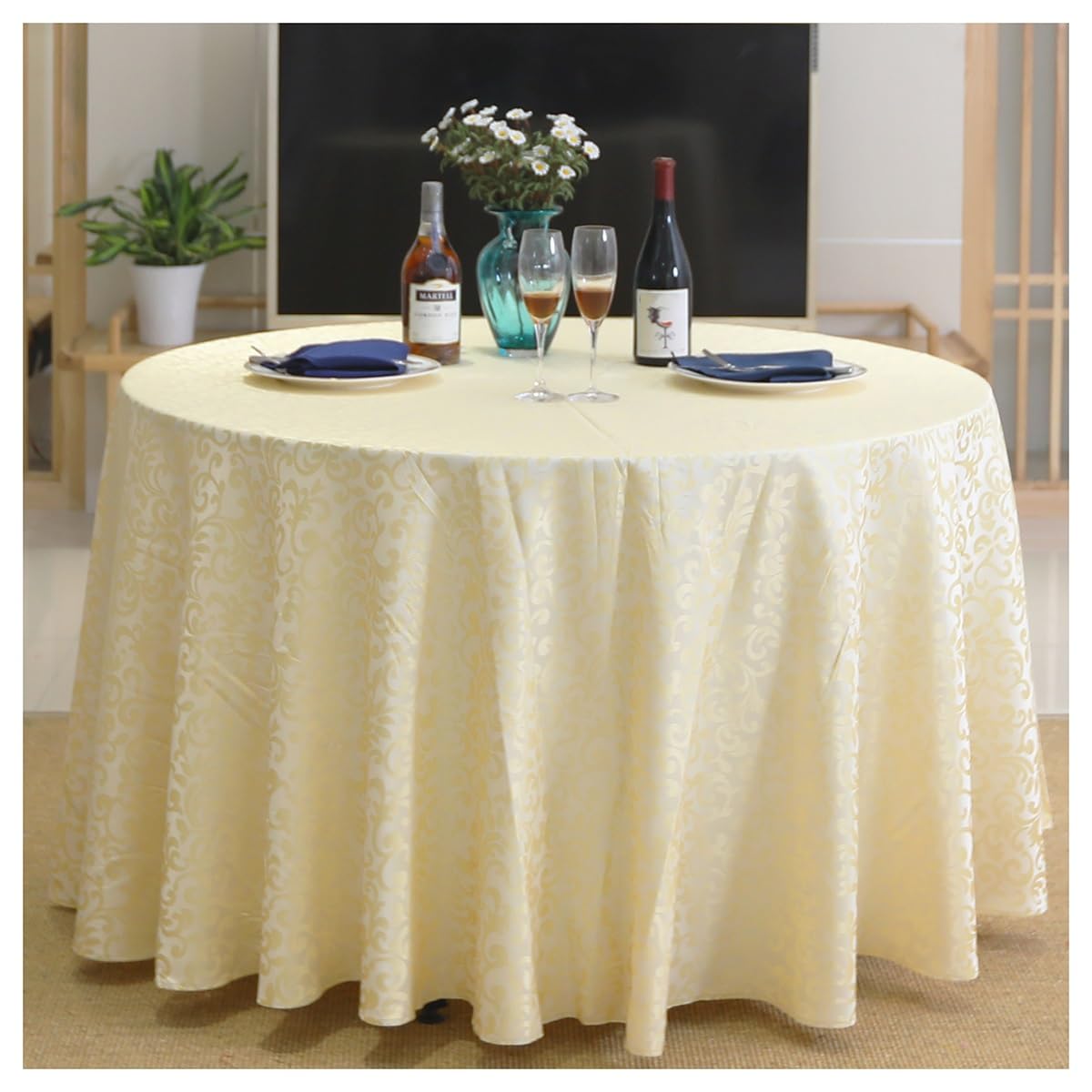 Nappe ronde en polyester blanc lavable 300 cm pour protection de table de fête