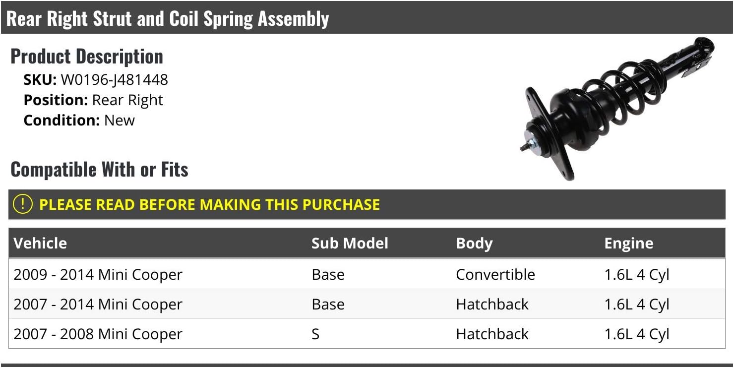 Rear Right Passenger Side Strut and Coil Spring Assembly - Compatible with 2007-2014 Mini Cooper 1.6L 4-Cylinder
