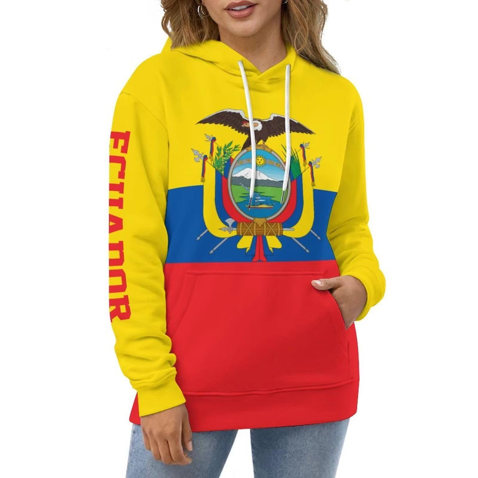 Felpa con Cappuccio da Uomo con Stampa Bandiera Ecuador, Stile Hip Hop Streetwear, Manica Lunga, Casual, Girocollo, Unisex, Stemma, con Cappuccio, Abbigliamento Sportivo, per L'Allenamento