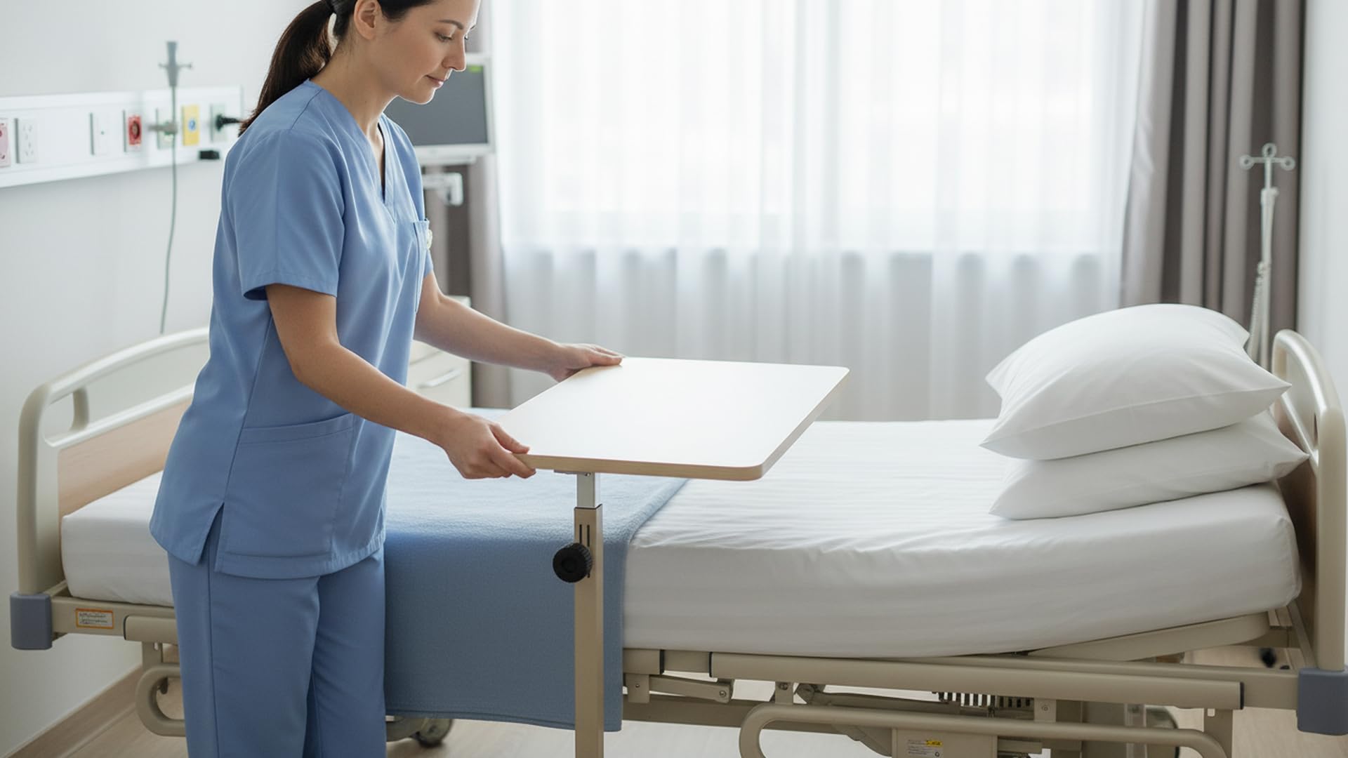 Ausilium Tavolino Servipranzo Regolabile in Altezza per Letto e Divano - Tavolo Ortopedico in Legno con Ruote Piroettanti e Struttura in Acciaio - Ideale per Anziani e Disabili