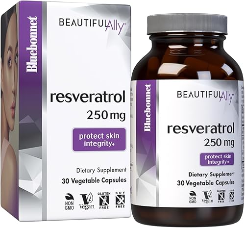 Bluebonnet Nutrition Beautiful Ally Resveratrol 250 mg, mejor para la piel, antioxidante, nutrientes de belleza, vegano, vegetariano, sin OMG, sin