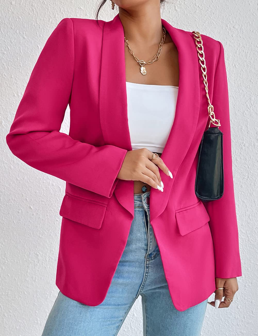 Blazer da donna, lungo, casual, aperto, da lavoro, da ufficio, con tasche