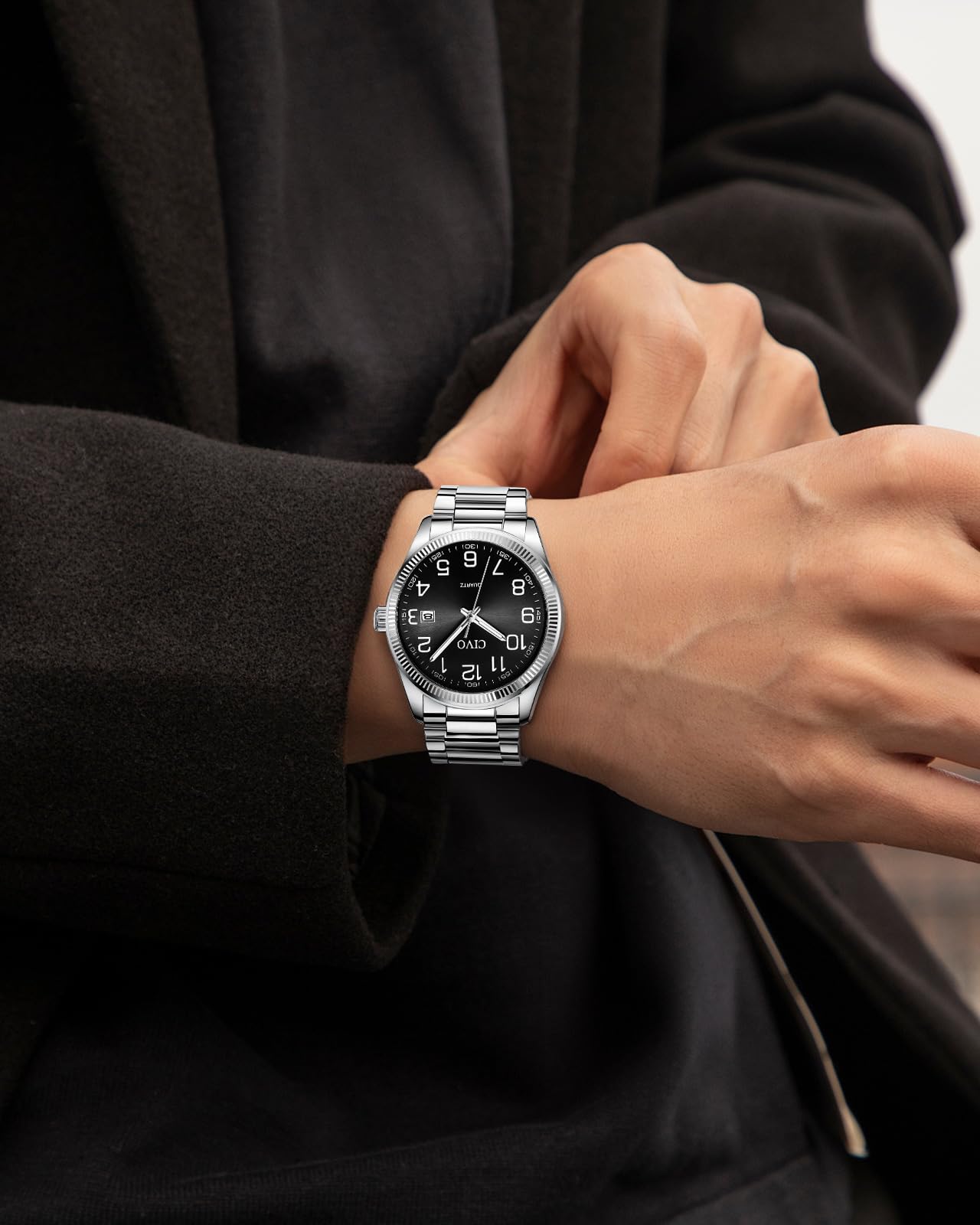 CIVO Lecture Facile Montre Homme: Acier Argent Analogique Quartz Montre Bracelet Etanche Date Lumineuses - Grands Nombres pour Personnes Âgées Ayant Une Mauvaise Vue