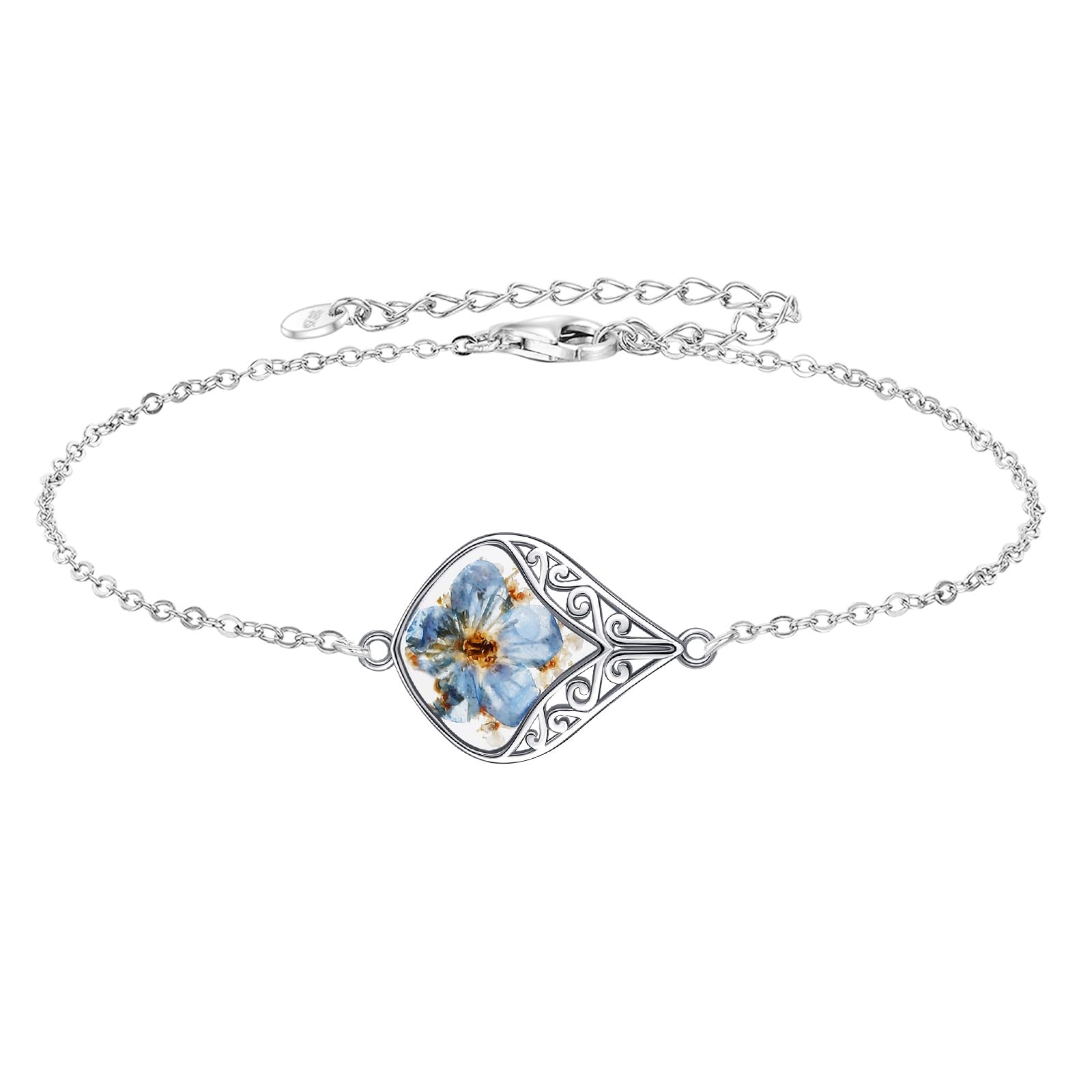 URONE Vergissmeinnicht Armband 925 Sterling Silber Vergissmeinnicht Presse Blume Armband für Frauen Viel Glück Filigran Schmuck für Damen