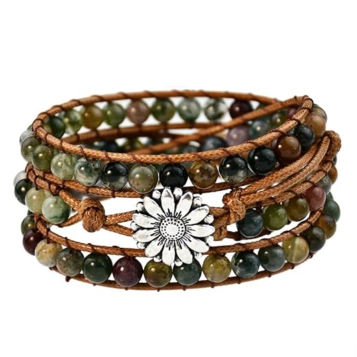 Boho Stone Beads Wrap Bracelet for Women Men Natural Crystal Beaded Wrap Bracelet Adjustable Bohemian Handmade Bracelet Jewelry Gifts