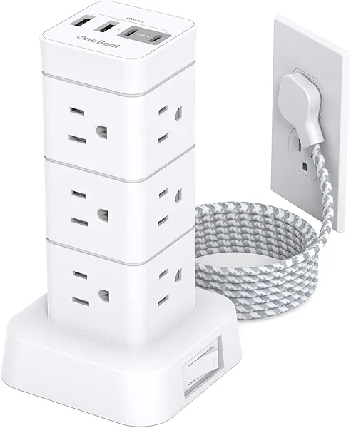 Surge Protector Power Strip Tower, 12 Outlets 4 USB (2 USB C) Desktop Charging Station for Multiple Devices, 6Ft Flat Plug Extension Cord with Multiple Outlets, Home Office College Dorm Essentials