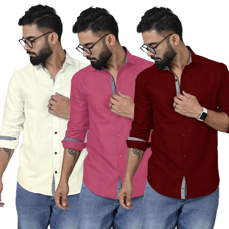 Image of Pinkmint Combo Shirt for Men Cotton Spraed Collar Long Sleeve Formal Shirt (Pack of 2)