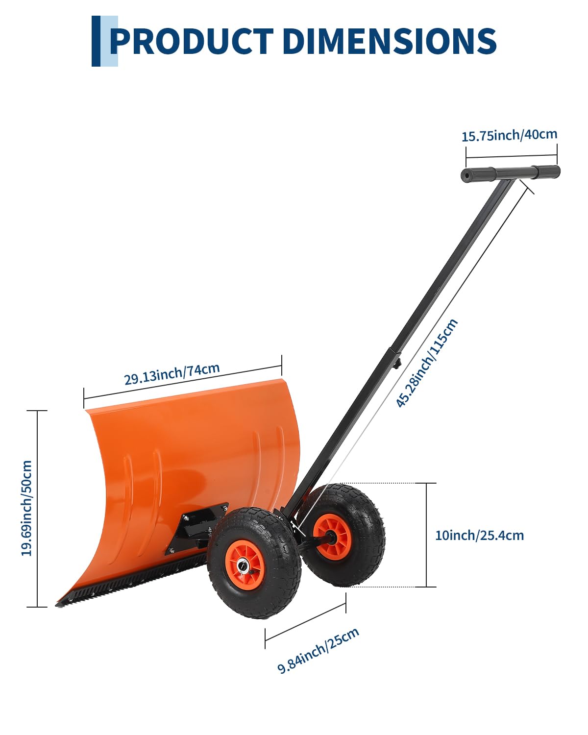 Garvee Pala de Nieve con Ruedas de Acero de un Solo Poste, Quitanieves Manual con Tira de Goma, Empujador de Nieve de Metal Ajustable con Neumáticos de Caucho para Limpieza Exterior, Naranja