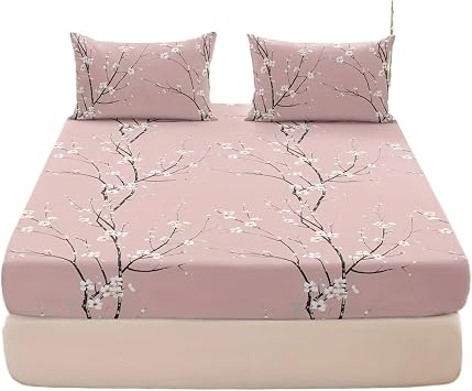 Printed Fitted Sheet 3pcs Printed Pattern Fitted Sheet Set, 1* + 2* Pillowcases, Without CoreLight Pink,200x200cm