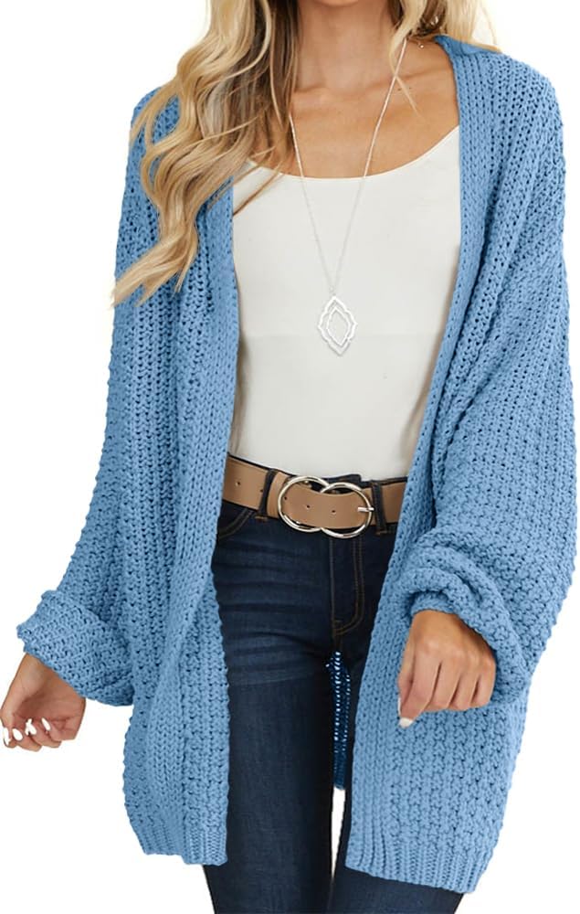 Maroway Womens Cardigan Solid Color Long Sleeve Open Front Chunky Knit Sweater Outwear Large Light Blue