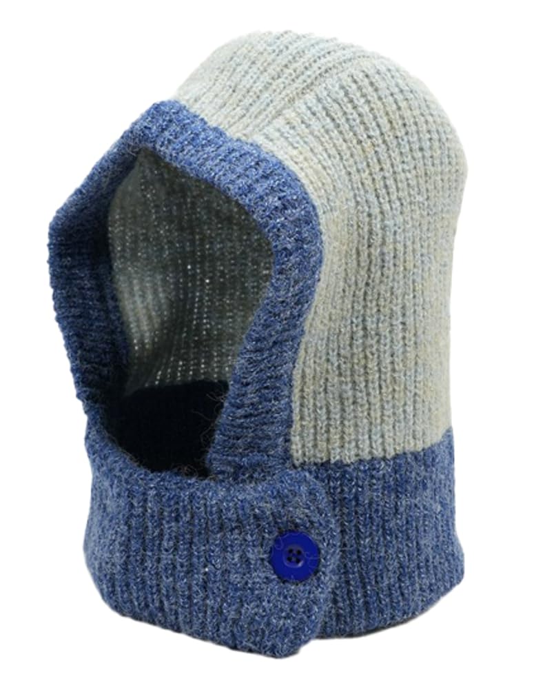 Winter Beanie Hat for Women Knitted Hooded Scarf Hat Balaclava Skull Cap Neck Gaiters with Button Beige/Blue