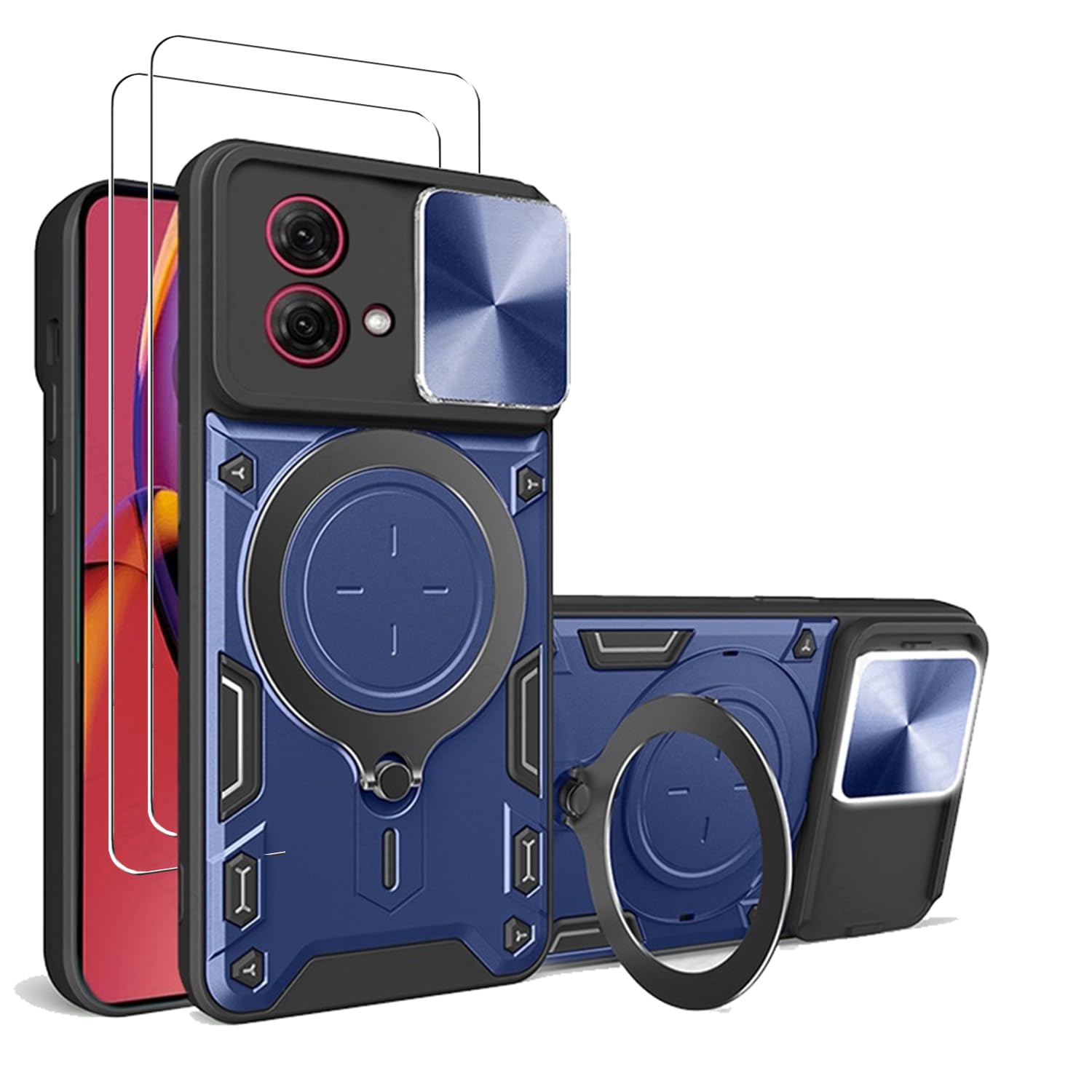 for Motorola Moto G54 5G Case Cover with Screen Protector [2 PACK] Slide Window Cover with Built-in Magnetic Kickstand Camera Protection Case - Blue