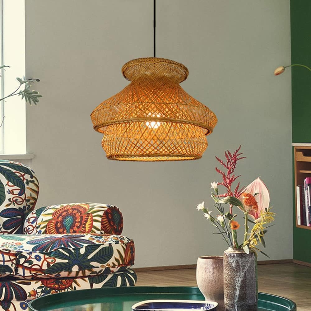 Lampada a sospensione a gabbia di bambù Lampadario fatto a mano in stile rustico Lampada a sospensione a forma di nido di uccello in rattan Lampada a sospensione a cupola in vimini naturale Lampada da