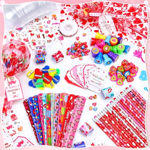 Image of CZWZ 272Pcs Giant Lollipop Valentine Classroom Gifts, 24 Set Giant Lollipop with Pencils, Stickers, Erasers for Classroom School Exchange Valentine Party Favors Supplies