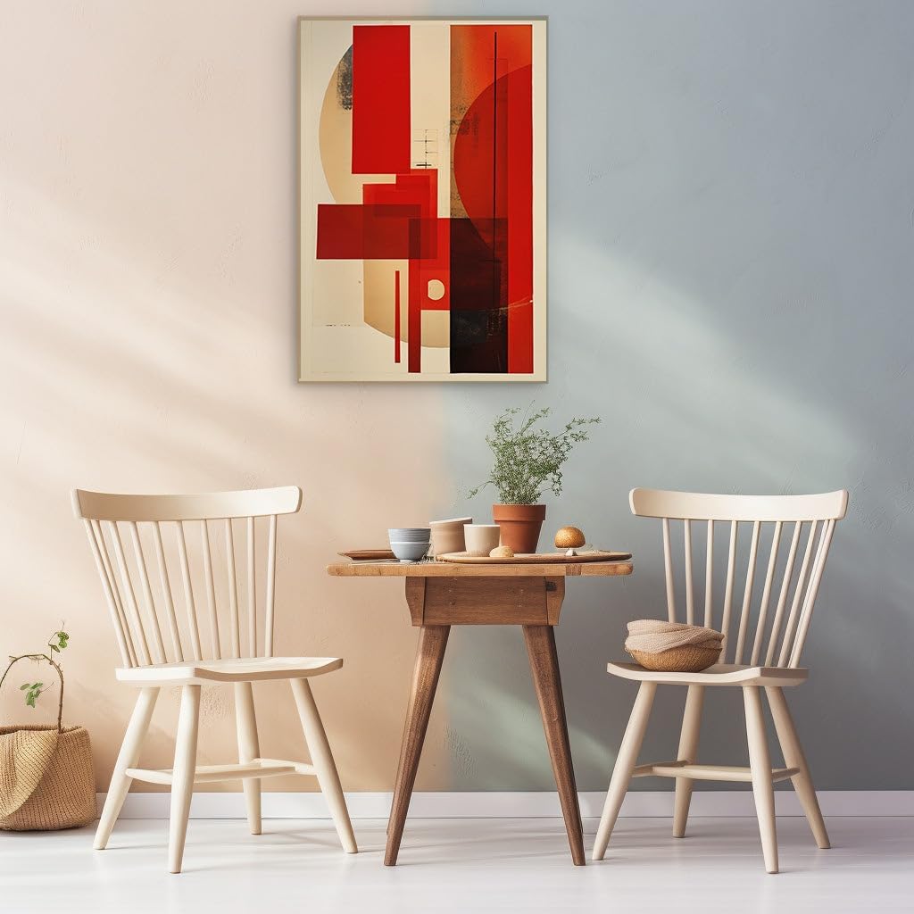 Canvas for Living room. Red Geometric Symphony in Beige � The Dance of Shapes and Colors, 27 x 18 inch Canvas Wall Art - Ready to Hang - 69x46 cm (27x18 inch)