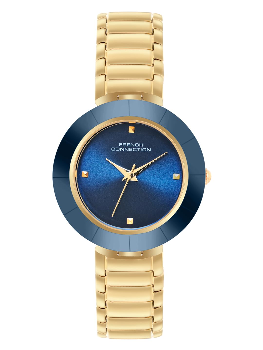 French Connection Sunray Blue Round Dial with IP Gold Stainless Steel Metal Strap Watch - for Womens FCN0136UGM deal from amazon