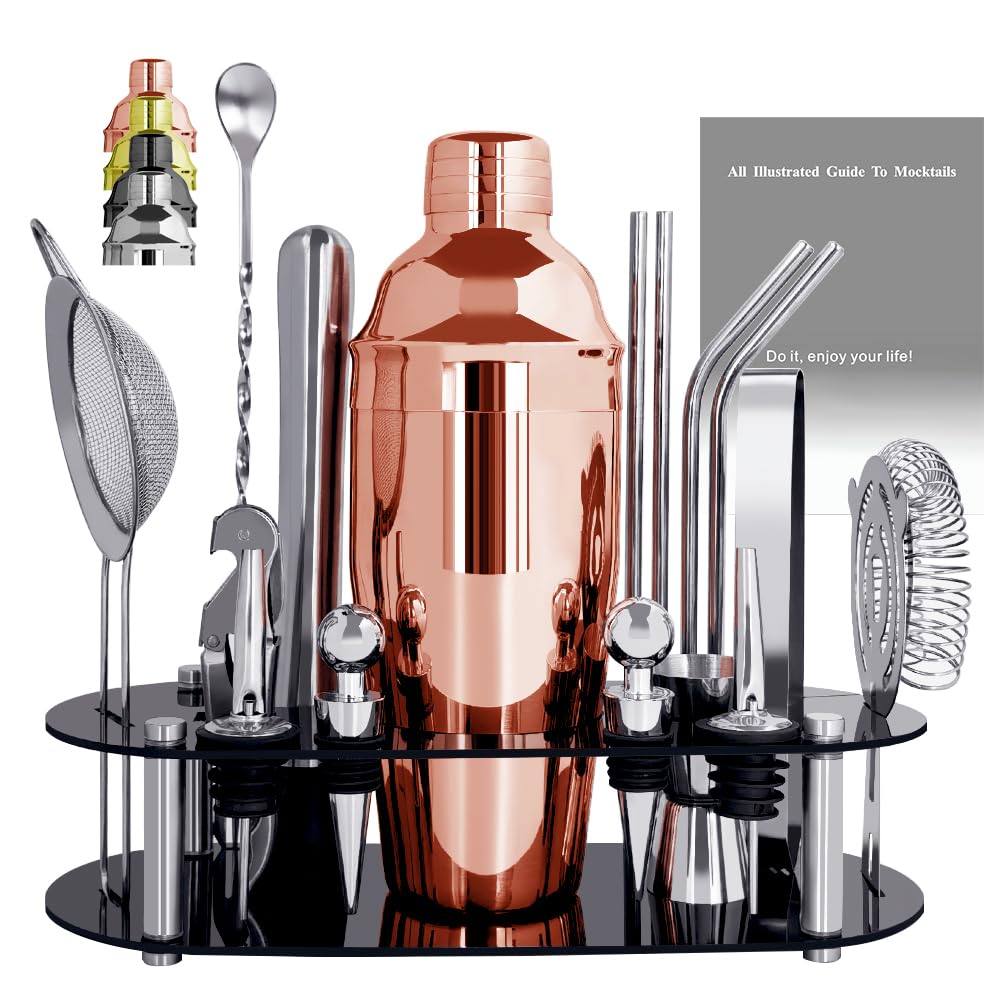 Juego de coctelera con soporte, juego de herramientas de bar de 16 piezas, incluye agitador, medidor, colador, cuchara mezcladora, mortero, vertedor de licor, pajita (oro rosa)