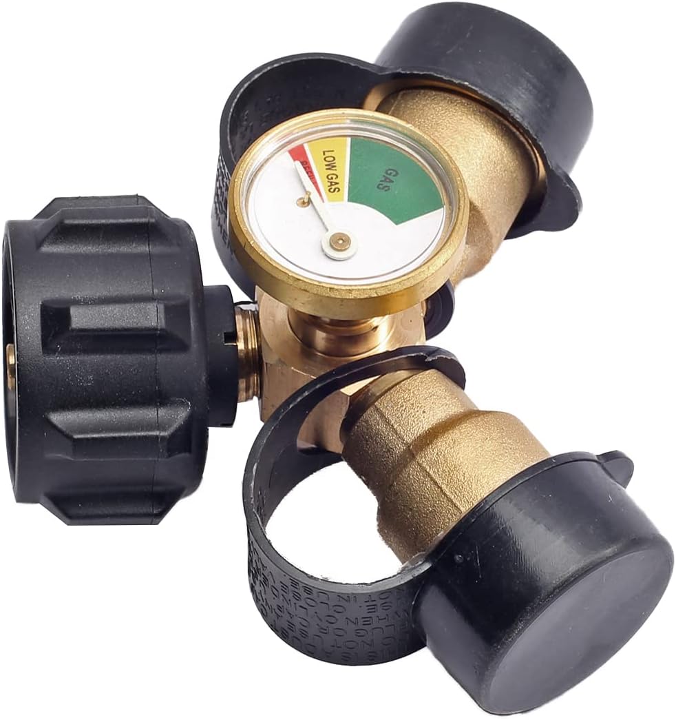 OCESTORE Replacement Propane Y-Splitter Tee Adapter Connector with Propane Tank Gauge Propane Tank Gauge Level Indicator Leak Detector Gas Pressure Meter, Solid Brass with 1 Female QCC and 2 Male QCC