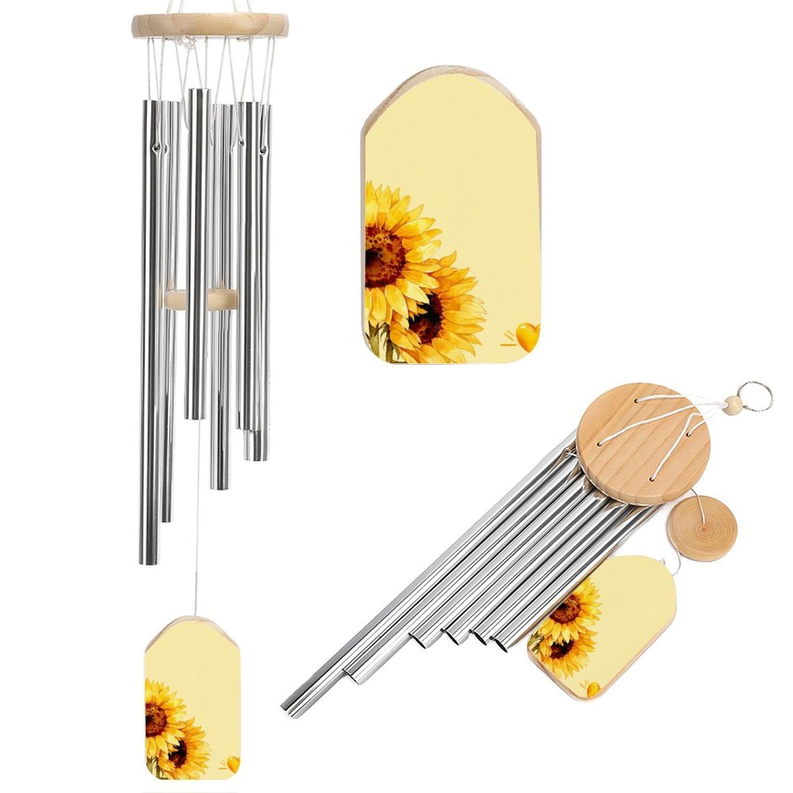 Two Watercolor Sunflowers Bright Yellow Petals Wind Chimes Memorial Deep Tone Windchime with 6 Aluminum Tubes Outdoor Backyard Garden Decoration