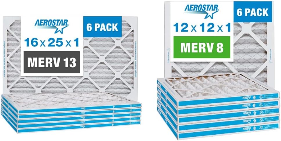 Aerostar 14x20x1 MERV 13 Pleated Air Filter, AC Furnace Air Filter, 6 Pack (Actual Size: 13 3/4"x 19 3/4" x 3/4") & 12x12x1 MERV 8 Pleated Air Filter, AC Furnace Air Filter, 6 Pack