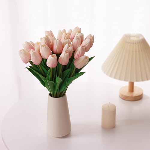 Miniatura 5 de 10 piezas de tulipanes rosados, flores falsas de poliuretano, tulipanes artificiales de tacto real, tallo único, tulipanes florales falsos, ramo