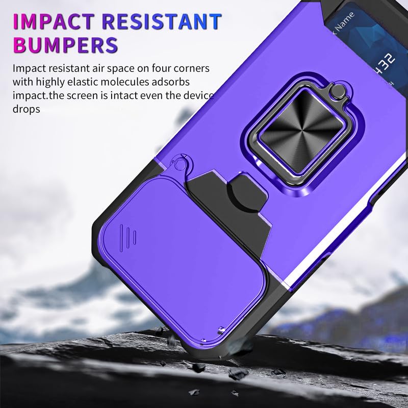 Image of LuxuryKase Shockproof Armor Case for iPhone 17 Pro Max | Slide Camera Cover | Hidden Card Slot | Rotating Ring Kickstand | Magnetic Car Mount Support | Military Grade Protection - Purple