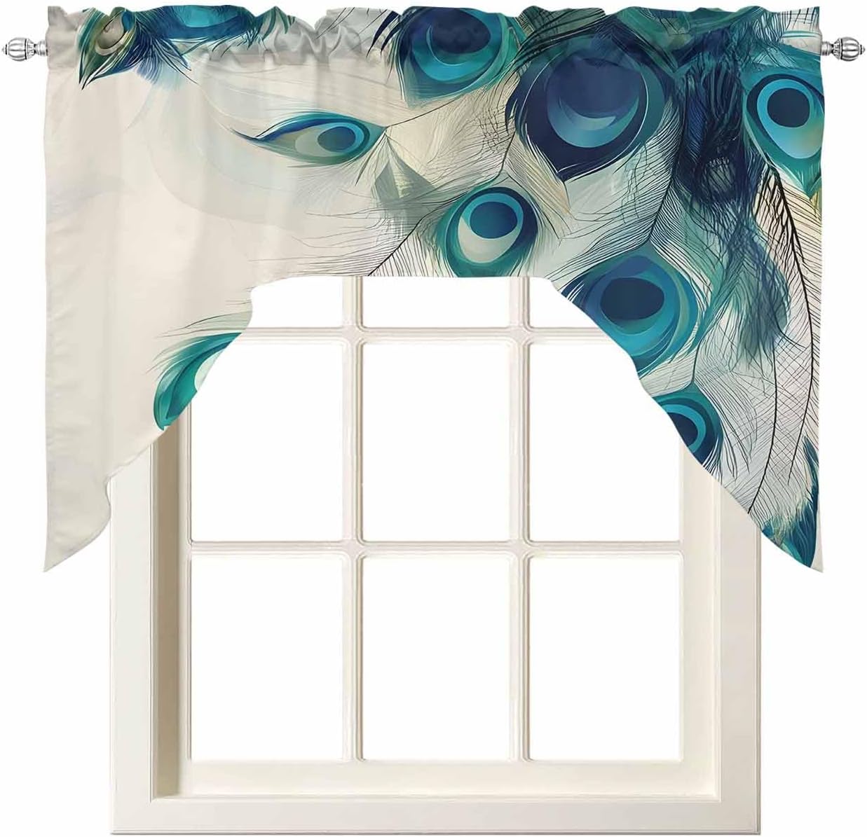 Savannan Kitchen Curtains Tiers and Swag Valances Set, Abstract Peacock Feather Rod Pocket Short Window Curtains for Bedroom Bathroom Cafe, 3 Pieces 24 Inch Long Blue Beige Animal