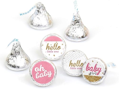 Big Dot of Happiness Hello Little One - Calcomanías redondas para fiesta de baby shower, color rosa y dorado, para fiesta de baby shower, color