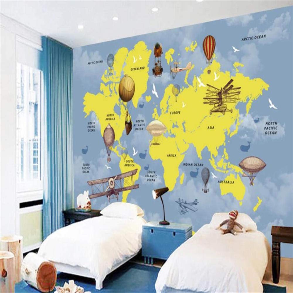Personalizzato Cartone Animato Mongolfiera Aerei Mappa Del Mondo Sfondo Murale Sfondi Per Camera Dei Bambini Camera Dei Bambini Decor Carta Da Parati 3D 430Cm(W)×300Cm(H)