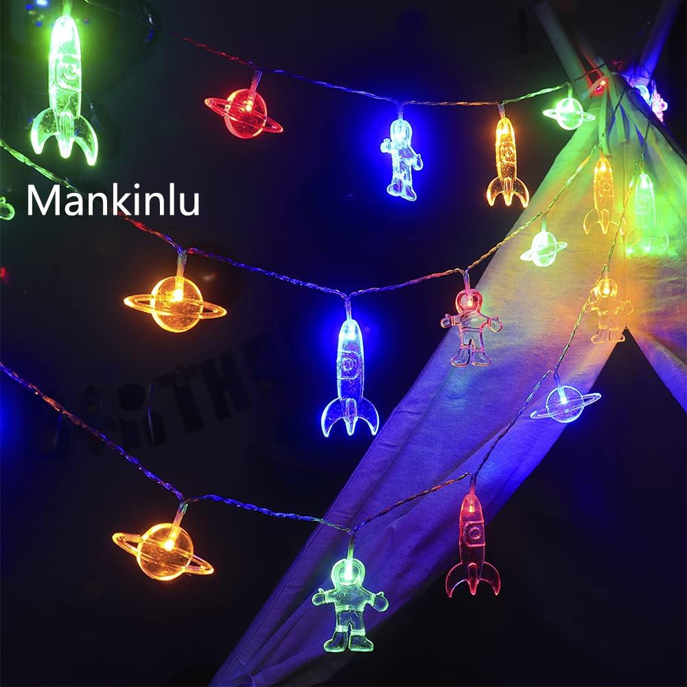 LED-Lichterkette für Kinderzimmer, mit Fernbedienung, 20 LEDs, 3,5 m, 8 Modi, batteriebetrieben, Weltraum-Lichterkette mit Rakete, Raumschiff, Astronauten-Anhänger, Urlaub, Party, Lichter für